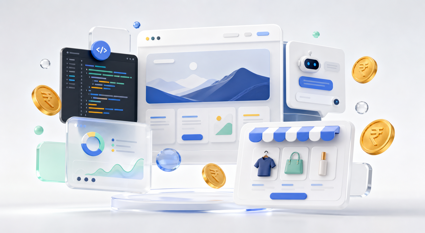 3D illustration of web, ecommerce, code, analytics, and chat service panels with rupee coins.